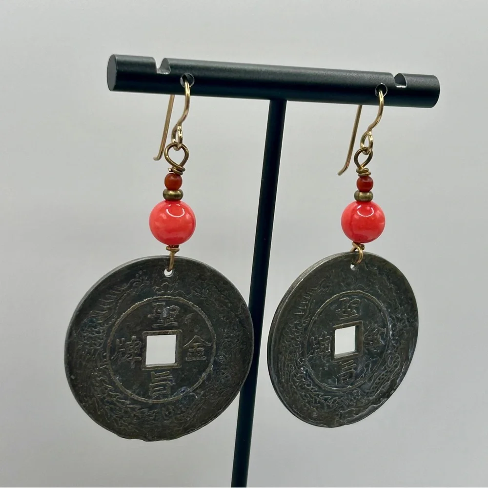 Vintage Asian Charm Coin Dangle Earrings